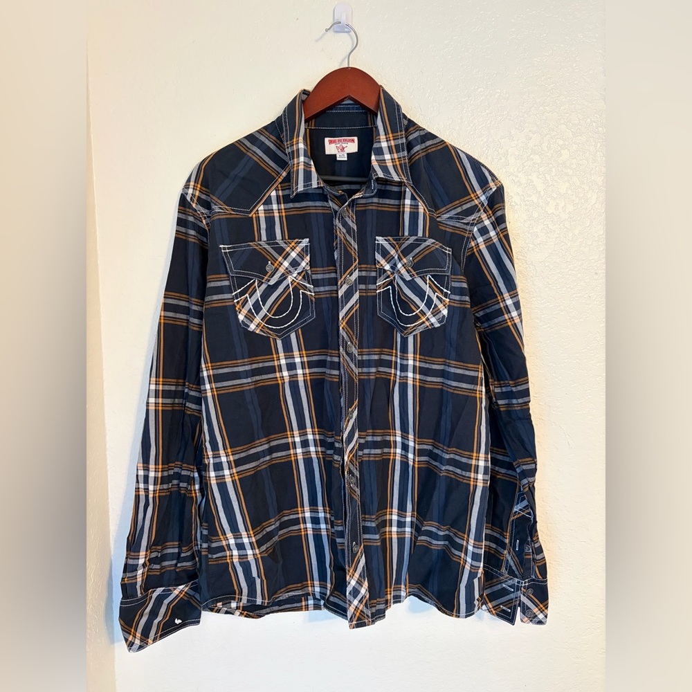 True Religion Men's Plaid Shirt - Blue, White, and Orange